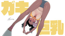 Rule 34 | 1girl, ass, black hair, blush, breasts, forehead, hanging breasts, kaedeko (kaedelic), kneepits, looking at viewer, looking through own legs, navel, no bra, one-piece tan, open mouth, purple eyes, radio exercises, sandals, sasaki kanna (kaedeko), short shorts, shorts, simple background, solo, standing, tan, tanline, text background, twintails, underboob, upshirt, white background