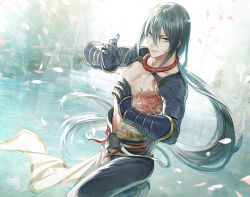 Rule 34 | 1boy, bishounen, black hair, chinese clothes, fate/grand order, fate (series), gauntlets, green eyes, long hair, looking at viewer, meiji (meiji770), petals, ponytail, standing, standing on liquid, tattoo, upper body, water, wind, yan qing (fate)