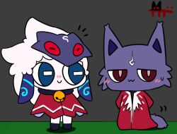 Rule 34 | 1boy, 1girl, bell, black background, black choker, chibi, choker, closed mouth, cult of the lamb, kindred (league of legends), kintto, lamb (league of legends), looking at another, looking at viewer, mask, neck bell, notice lines, smile, wolf (league of legends)
