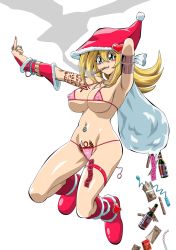 Rule 34 | 1girl, arms up, bag, bare legs, bikini, blonde hair, boots, breasts, christmas, condom, curvy, dark magician girl, full body, green eyes, hat, highres, holding, holding bag, large breasts, long hair, looking away, magical girl, middle finger, money, open mouth, pink bikini, pubic tattoo, santa hat, sex toy, shiny clothes, shiny skin, side-tie bikini bottom, simple background, smile, smoking, solo, straw (yokubou hiroba), swimsuit, tattoo, white background, yu-gi-oh!