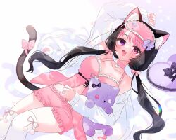 Rule 34 | 1girl, absurdres, animal ear fluff, animal ears, arm up, babydoll, black hair, bow, breasts, cat ears, choker, collarbone, darlingstrawb, fang, hair bow, heart, heart choker, heart-shaped pillow, heterochromia, highres, indie virtual youtuber, jacket, juuroku anna, long hair, low twintails, lying, mask, mask on head, medium breasts, multicolored hair, on back, open clothes, open jacket, open mouth, pillow, pink babydoll, pink bow, pink choker, pink eyes, pink hair, pink shorts, pom pom (clothes), purple eyes, second-party source, shorts, sleep mask, solo, stuffed animal, stuffed cat, stuffed toy, tail, tail bow, tail ornament, thighhighs, twintails, two-tone hair, virtual youtuber, white jacket, white thighhighs