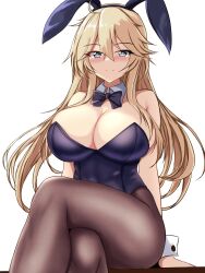 Rule 34 | 1girl, alternate costume, animal ears, bare shoulders, black bow, black bowtie, black leotard, black pantyhose, blonde hair, blue eyes, blush, bow, bowtie, breasts, covered navel, crossed legs, detached collar, fake animal ears, highleg, highleg leotard, highres, iowa (kancolle), kantai collection, large breasts, leotard, long hair, looking at viewer, montemasa, pantyhose, playboy bunny, rabbit ears, rabbit tail, simple background, sitting, smile, solo, star-shaped pupils, star (symbol), strapless, strapless leotard, symbol-shaped pupils, tail, white background, wrist cuffs