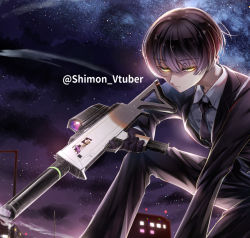 Rule 34 | 1boy, backlighting, black gloves, black hair, black jacket, black necktie, black pants, bob cut, building, character name, closed mouth, cloud, cluseller, collared shirt, cropped, finger on trigger, folding gun, formal, gloves, glowing, glowing eyes, gun, half-closed eyes, holding, holding gun, holding weapon, indie virtual youtuber, jacket, kneeling, long sleeves, looking at viewer, magpul, magpul fmg-9, male focus, necktie, night, night sky, on one knee, outdoors, pants, prototype design, rainbow six siege, shimon (vtuber), shirt, short hair, sky, smoke, solo, star (sky), starry sky, submachine gun, suit, suppressor, transforming weapon, twitter username, virtual youtuber, watermark, weapon, white shirt, yellow eyes