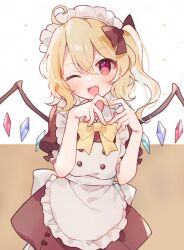 Rule 34 | 1girl, ahoge, alternate costume, apron, blonde hair, blush, bow, bowtie, crystal, dress, enmaided, fang, flandre scarlet, hair between eyes, heart, heart hands, long hair, maid, maid day, maid headdress, nig 18, one eye closed, open mouth, red dress, red eyes, short sleeves, side ponytail, smile, solo, touhou, white apron, wings, yellow bow, yellow bowtie