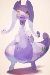 Rule 34 | colored skin, commentary request, creatures (company), full body, game freak, gen 6 pokemon, goodra, green eyes, hands up, highres, looking at viewer, nagakura (seven walkers), nintendo, no humans, open mouth, pokemon, pokemon (creature), purple skin, slime (substance), solo, standing, white background