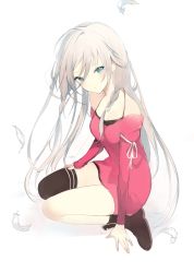 Rule 34 | 1girl, ankle boots, arm at side, bare shoulders, black thighhighs, blue eyes, blush, boots, braid, breasts, brown footwear, cleavage, closed mouth, collarbone, dress, feathers, full body, hair between eyes, ia (vocaloid), long hair, long sleeves, looking at viewer, lpip, medium breasts, off-shoulder, off-shoulder sweater, off shoulder, red sweater, seiza, single braid, single thighhigh, sitting, solo, sweater, sweater dress, tareme, thighhighs, very long hair, vocaloid, white feathers