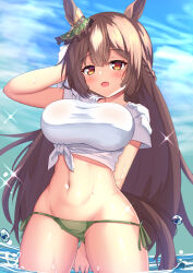 Rule 34 | 1girl, animal ears, arm behind back, arm up, bikini, blue sky, blush, breasts, cloud, cloudy sky, commentary request, cowboy shot, ear ornament, gluteal fold, green bikini, hair between eyes, highres, horse ears, large breasts, multicolored hair, navel, open mouth, outdoors, partially submerged, satono diamond (umamusume), shirt, short sleeves, sky, smile, solo, streaked hair, swimsuit, tied shirt, umamusume, white hair, white shirt, yuutopia