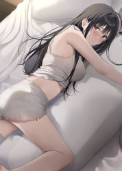 Rule 34 | 1girl, absurdres, bare arms, bare shoulders, black hair, blush, breasts, highres, large breasts, long hair, looking at viewer, original, parted lips, pillow, purple eyes, sleeveless, solo, thighs, xretakex