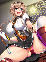 Rule 34 | 1girl, :d, black skirt, blush, boots, braid, breasts, cameltoe, collar, commentary request, corset, covered erect nipples, glint, gloves, grey eyes, groin, hair ornament, holding, holding collar, indoors, kantai collection, knee boots, knee up, large breasts, light brown hair, long hair, militia minpei, neckerchief, open mouth, panties, pleated skirt, propeller hair ornament, red panties, round teeth, school uniform, serafuku, shiny clothes, sitting, skirt, smile, solo, spread legs, teeth, teruzuki (kancolle), thighhighs, thighs, twin braids, underwear, upper teeth only, white thighhighs, yellow neckerchief
