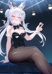 Rule 34 | 1girl, animal ears, bat wings, black bow, black bowtie, black leotard, black pantyhose, bow, bowtie, breasts, commission, crossed legs, crown hair ornament, detached collar, feet out of frame, grey hair, hair ribbon, highres, indie virtual youtuber, kimino aruji, kurage cc, leotard, medium breasts, pantyhose, playboy bunny, poker chip, rabbit ears, red eyes, ribbon, sitting, skeb commission, smile, solo, strapless, strapless leotard, twintails, two side up, virtual youtuber, white hair, wings, wrist cuffs