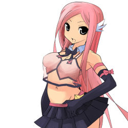 Rule 34 | 1girl, armband, armpits, bow, bowtie, breasts, camisole, cleavage, crop top, elbow gloves, gloves, grey eyes, hair ornament, hand on own hip, hermmy, long hair, lucia, lucia (pangya), midriff, navel, pangya, pink hair, see-through, skirt, solo, very long hair