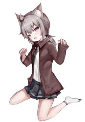 Rule 34 | 1girl, animal ear fluff, animal ears, bad id, bad pixiv id, black necktie, black skirt, blush, brown jacket, commentary request, dokomon, fang, full body, girls&#039; frontline, grey eyes, grey hair, hands up, highres, jacket, kemonomimi mode, korean commentary, long hair, long sleeves, looking at viewer, low ponytail, m200 (girls&#039; frontline), necktie, open clothes, open jacket, open mouth, pinching sleeves, pleated skirt, ponytail, shirt, simple background, sitting, skirt, sleeves past wrists, socks, solo, wariza, white background, white shirt, white socks
