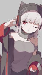 Rule 34 | 1girl, animal ears, arknights, bad id, bad twitter id, closed mouth, commentary request, ears through headwear, fox ears, frostleaf (arknights), grey background, grey shirt, hand on headphones, head tilt, headphones, headphones over headwear, highres, jacket, long hair, long sleeves, looking at viewer, material growth, nail polish, off-shoulder shirt, off shoulder, one eye closed, oripathy lesion (arknights), oversized clothes, red eyes, red jacket, red nails, scarf, shirt, shoujo l, simple background, solo, white hair, woollen cap