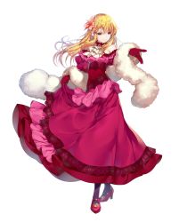 Rule 34 | 1girl, bare shoulders, black legwear, blonde hair, brown hair, dress, feather boa, fire emblem, fire emblem: genealogy of the holy war, fire emblem heroes, flower, frilled dress, frills, full body, gloves, hair flower, hair ornament, highres, lachesis (fire emblem), long dress, long hair, miwabe sakura, nintendo, official art, red dress, red footwear, solo, standing, transparent background