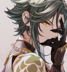 Rule 34 | 1boy, aqua hair, closed mouth, diamond-shaped pupils, diamond (shape), eyeshadow, facial mark, fingernails, forehead mark, from side, genshin impact, green hair, hand over face, highres, jewelry, looking at viewer, looking to the side, makeup, male focus, miyumiyu nu, multicolored hair, necklace, pearl necklace, red eyeshadow, sharp fingernails, shoulder tattoo, simple background, solo, symbol-shaped pupils, tattoo, white background, xiao (genshin impact), yellow eyes