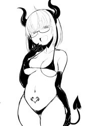 Rule 34 | 1girl, bare shoulders, bikini, breasts, demon girl, demon horns, demon tail, elbow gloves, glasses, gloves, greyscale, hair ornament, heart, heart-shaped pupils, heart tattoo, horns, ken (koala), looking at viewer, medium breasts, monochrome, navel, open mouth, original, pubic tattoo, short hair, simple background, smile, solo, swimsuit, symbol-shaped pupils, tail, tattoo, white background
