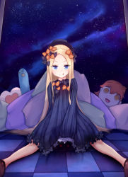 Rule 34 | 1girl, abigail williams (fate), black bow, black dress, black footwear, black hat, blonde hair, blue eyes, blush, bow, bug, butterfly, character doll, closed mouth, commentary request, dress, fate/grand order, fate (series), forehead, fujimaru ritsuka (female), glowing, glowing eyes, hair bow, hat, highres, hong shi (1044285253), insect, long hair, long sleeves, looking at viewer, night, night sky, orange bow, parted bangs, pillow, polka dot, polka dot bow, shoes, sidelocks, sitting, sky, sleeves past wrists, smile, solo, spread legs, star (sky), starry sky, v-shaped eyebrows, very long hair