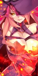 Rule 34 | 1girl, bad id, bad twitter id, bare shoulders, black sclera, blazblue, blazblue: central fiction, breasts, cleavage, colored sclera, female focus, hat, konoe a. mercury, large breasts, lips, long hair, looking at viewer, pink hair, solo, takamiya ren, witch hat, yellow eyes