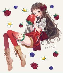 Rule 34 | 1girl, artist name, bad id, bad pixiv id, black eyes, blueberry, boots, bow, brown footwear, brown hair, commentary request, cross-laced footwear, dated, eating, flower, food, food-themed clothes, food on face, food print, frilled thighhighs, frills, fruit, grey background, hair bow, high-waist shorts, high waisted pants, highres, hip vent, holding, holding food, holding fruit, lace-up boots, long hair, looking at viewer, maroon bow, original, oversized food, oversized object, print thighhighs, raspberry, sash, shiraho (color-56), short sleeves, shorts, simple background, solo, strawberry, strawberry print, thighhighs, wavy hair