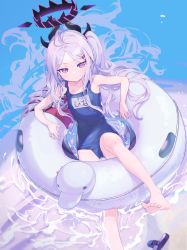 Rule 34 | 1girl, ahoge, bare arms, bare legs, bare shoulders, barefoot, blue archive, blue one-piece swimsuit, foot out of frame, grey hair, hair ornament, hairclip, halo, highres, hina (blue archive), hina (swimsuit) (blue archive), horns, innertube, long hair, looking at viewer, machico maki, multiple horns, one-piece swimsuit, one side up, parted bangs, purple eyes, sandals, school swimsuit, solo, swim ring, swimsuit, unworn sandals, very long hair, water