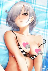 Rule 34 | 1girl, ahoge, artist logo, bare shoulders, bikini, blush, breasts, censored, censored nipples, character censor, closed mouth, collarbone, commentary request, eyes visible through hair, grey hair, hair over one eye, heart, heart censor, highres, infinote, looking at viewer, lying, medium breasts, novelty censor, on back, original, sashou mihiro, short hair, solo, strap slip, striped bikini, striped clothes, swimsuit, upper body, wet
