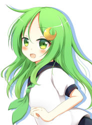 Rule 34 | 10s, 1girl, :d, alternate costume, crescent, crescent hair ornament, eyebrows, from side, green eyes, green hair, green neckerchief, hair ornament, highres, kamakani (kanikama8192), kanikama819, kantai collection, leaning forward, long hair, looking at viewer, looking to the side, matching hair/eyes, nagatsuki (kancolle), neckerchief, open mouth, school uniform, serafuku, short sleeves, simple background, smile, solo, upper body, white background