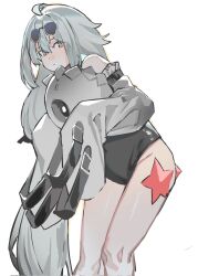 Rule 34 | 1girl, absurdly long hair, ahoge, bare legs, bare shoulders, black one-piece swimsuit, eyewear on head, grey eyes, grey hair, grey sleeves, highres, holding, long hair, looking at viewer, no.21: xxi (solar frost) (punishing: gray raven), no.21 (punishing: gray raven), non-humanoid robot, one-piece swimsuit, punishing: gray raven, robot, sidelocks, sleeves past fingers, sleeves past wrists, solo, starfish, sunglasses, swimsuit, very long hair, white background, yongsadragon