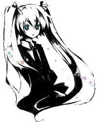 Rule 34 | 1girl, greyscale, hatsune miku, long hair, monochrome, parted lips, partially colored, rinju umisu, solo, sumisu (rinsumi), twintails, very long hair, vocaloid