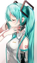 Rule 34 | 1girl, absurdres, adjusting headphones, aqua hair, aqua necktie, bare shoulders, black sleeves, breasts, closed eyes, detached sleeves, from side, hair ornament, hands on another&#039;s face, hatsune miku, headphones, headset, highres, long hair, necktie, shiny clothes, shirt, shoulder tattoo, small breasts, tattoo, tsukasa (pixiv34617881), twintails, very long hair, vocaloid, white shirt
