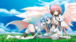 Rule 34 | 2girls, ahoge, angel, angel wings, blue eyes, blue hair, breasts, chain, choker, cleavage, collar, gloves, gradient hair, green eyes, hair ribbon, head on chest, highres, ikaros, large breasts, long hair, looking at viewer, midriff, multicolored hair, multiple girls, navel, nymph (sora no otoshimono), open mouth, pink hair, ribbon, robot ears, sitting, sora no otoshimono, twintails, very long hair, wallpaper, wariza, watanabe yoshihiro, wings