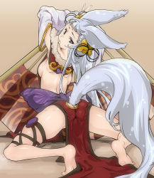 Rule 34 | 10s, 1girl, animal ears, armpits, ass, back, backboob, backless outfit, barefoot, breasts, butt crack, detached sleeves, erune, from behind, granblue fantasy, kneeling, long hair, looking at viewer, looking back, monster girl, no panties, pelvic curtain, purple eyes, silver hair, societte (granblue fantasy), soles, solo, spread legs, tail, thomasz, wolf ears, wolf tail