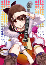 Rule 34 | 1girl, bad id, bad pixiv id, bandaid, bandaid on knee, bandaid on leg, between legs, blush, boots, bow, bracelet, brown eyes, brown hair, casual, coat, collarbone, cup, cushion, electric guitar, fringe trim, fur collar, guitar, hair bow, hair ornament, hair ribbon, hairclip, heart, heart-shaped pillow, hirasawa yui, instrument, jacket, jewelry, k-on!, knee boots, necklace, off shoulder, pearl bracelet, pearl necklace, pillow, ribbon, short hair, solo, sparkle, tea, teacup, teapot, uzura yuuno
