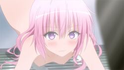 Rule 34 | 10s, 1girl, animated, animated gif, blush, bouncing penis, breasts, censored, eye reflection, long hair, looking at penis, mosaic censoring, nana asta deviluke, nipples, nude, open mouth, penis, penis awe, pink hair, purple eyes, reflection, screencap, small breasts, surprised, tearing up, tears, to love-ru, to love-ru darkness, top-down bottom-up, wet
