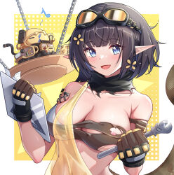 Rule 34 | 1girl, areola slip, arknights, bare shoulders, bikini, black hair, blue eyes, blunt bangs, blush, breasts, brown gloves, chain, cleavage, collarbone, detached collar, eunectes (arknights), gloves, goggles, goggles on head, halftone, halftone background, highres, holding, lancet-2 (arknights), large breasts, looking at viewer, pointy ears, saylamars, see-through, short hair, snake tail, solo, tail, torn bikini, torn clothes, upper body, wrench, yellow background