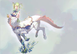 Rule 34 | 1girl, absurdres, antlers, apple, asymmetrical bangs, blonde hair, centaur, ceres fauna, closed eyes, flower, food, fruit, golden apple, green hair, green nails, hair flower, hair ornament, highres, holding, holding food, hololive, hololive english, horns, leaf, multicolored hair, nail polish, old-night, ribbon, smile, solo, taur, virtual youtuber