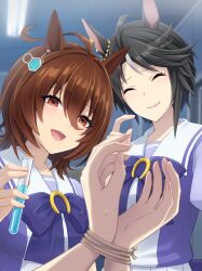 Rule 34 | 2girls, ^ ^, agnes tachyon (umamusume), ahoge, animal ears, black hair, blurry, blurry background, bound, bound wrists, bow, bowtie, brown eyes, brown hair, closed eyes, commentary request, empty eyes, facing viewer, fuji kiseki (umamusume), furrowed brow, grey hair, hair between eyes, hand up, height difference, highres, horse ears, huge ahoge, indoors, long bangs, looking at viewer, loveloveknight, medium hair, meme, multicolored hair, multiple girls, nervous, nervous smile, nine years in a coma (meme), open mouth, parted lips, pov, pov hands, rope, sailor collar, school uniform, shirt, smile, tracen school uniform, two-tone hair, umamusume, upper body