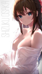 Rule 34 | 1girl, absurdres, bare shoulders, blue eyes, blush, breasts, brown hair, character name, cleavage, closed mouth, collarbone, highres, long hair, long sleeves, love live!, love live! nijigasaki high school idol club, medium breasts, naked shirt, no bra, off shoulder, open clothes, open shirt, osaka shizuku, shirt, simple background, smile, solo, tanaka212, white background, white shirt