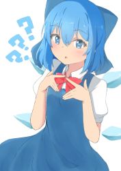 Rule 34 | 1girl, ?, ??, blue bow, blue dress, blue eyes, bow, bowtie, cirno, dress, hair bow, highres, looking at viewer, mizune (winter), open mouth, pinafore dress, red bow, red bowtie, shirt, short sleeves, simple background, sleeveless dress, solo, touhou, white background, white shirt