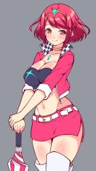 Rule 34 | 1girl, belt, blush, bob cut, boots, breasts, cleavage, collarbone, covered erect nipples, f 1chan, headpiece, highres, large breasts, microskirt, navel, nintendo, pink skirt, pyra (xenoblade), red hair, skirt, thigh boots, thighhighs, umbrella, white belt, white footwear, xenoblade chronicles (series), xenoblade chronicles 2