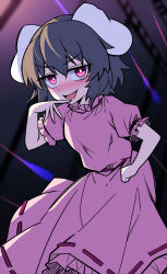 Rule 34 | 1girl, animal ears, arm up, belt, black background, blush, breasts, carrot necklace, commentary request, dress, e.o., eyelashes, fingernails, frills, gradient background, grey hair, hair between eyes, hand on own hip, hand up, highres, inaba tewi, jewelry, long fingernails, looking to the side, medium breasts, necklace, open mouth, pink background, pink dress, pink eyes, puffy short sleeves, puffy sleeves, purple belt, rabbit ears, shadow, short hair, short sleeves, smile, smug, solo, standing, touhou