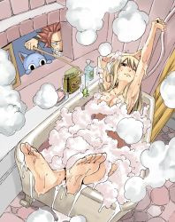 Rule 34 | 1boy, 1girl, armpits, arms up, bath, bathroom, bathtub, blonde hair, breasts, bubble bath, bug, cat, completely nude, convenient censoring, fairy tail, feet, hair down, happy (fairy tail), long hair, lucy heartfilia, mashima hiro, natsu dragneel, nude, official art, prank, shower curtain, smile, soap, soap bubbles, soap censor, spiked hair, steam, stick, stretching, window