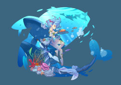 Rule 34 | 1girl, absurdres, ass, bare shoulders, barefoot, bikini, blue hair, breasts, clownfish, coral, dragalia lost, dragon girl, dragon horns, dragon tail, fish, from side, full body, highres, horns, kuonn, long hair, medium breasts, mercury (dragalia lost), multicolored hair, ocean, official style, pink hair, pointy ears, seaweed, solo, starfish, swimsuit, tail, tropical fish, underwater, whale, yellow eyes