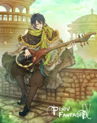 Rule 34 | 1boy, arch, bad id, bad pixiv id, black hair, boots, brown pants, building, cobblestone, coin, day, demich, dome, fantasy, fringe trim, full body, fur, green scarf, highres, instrument, long sleeves, looking away, looking to the side, lute (instrument), male focus, music, musician, outdoors, pants, parted lips, pixiv fantasia, pixiv fantasia 4, playing instrument, poncho, scarf, short hair, sitting, smile, solo, stone wall, wall