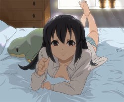 Rule 34 | 1girl, bad id, bad pixiv id, barefoot, bed, blush, breasts, brown eyes, chiro., downblouse, feet, foreshortening, hair down, k-on!, long hair, lying, nakano azusa, no bra, no pants, on stomach, open clothes, panties, small breasts, smile, soles, solo, striped clothes, striped panties, stuffed animal, stuffed toy, ton-chan, underwear