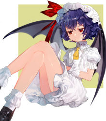 Rule 34 | 1girl, ascot, bare legs, bat wings, black footwear, blue hair, bobby socks, commentary, crossed legs, dress, feet out of frame, frilled shirt collar, frills, green background, hair between eyes, hat, hat ribbon, highres, jitome, knees up, loafers, mob cap, puffy short sleeves, puffy sleeves, red eyes, red ribbon, remilia scarlet, ribbon, shoes, short dress, short hair, short sleeves, sitting, socks, solo, thighs, tian (my dear), touhou, two-tone background, white background, white dress, white hat, white socks, wings, wrist cuffs, yellow ascot