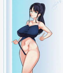 Rule 34 | 1girl, 47 hard, artist name, black hair, blue one-piece swimsuit, breasts, competition swimsuit, crotch, green eyes, highres, large breasts, long hair, navel, nico robin, one-piece swimsuit, one piece, ponytail, simple background, smile, solo, swimsuit, white background