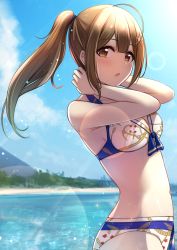 Rule 34 | 1girl, :o, absurdres, ahoge, anchor print, arm up, beach, bikini, blue ribbon, blush, breasts, brown eyes, brown hair, cleavage, cloud, commentary request, cowboy shot, day, hands on own neck, highres, idolmaster, idolmaster shiny colors, kuwayama chiyuki, lens flare, long hair, looking at viewer, looking to the side, medium breasts, miyar2d2, navel, ocean, open mouth, outdoors, ponytail, print bikini, ribbon, sidelocks, solo, starfish hair ornament, swimsuit, water, white bikini