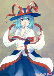 Rule 34 | 10s, 1girl, 2016, alternate hair color, artist name, bad id, bad pixiv id, black hat, black skirt, blue hair, blue hat, bow, capelet, collar, cowboy shot, dated, frilled capelet, frilled collar, frilled shawl, frills, hair between eyes, hat, hat bow, hat ribbon, kona (silent913), nagae iku, parted lips, red bow, red eyes, red ribbon, ribbon, shawl, shirt, short hair, skirt, solo, touhou, white shirt, wide sleeves