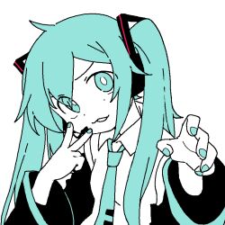 Rule 34 | 1girl, :3, bbyong403, blue eyes, blue hair, collared shirt, commentary, hair ornament, hatsune miku, headset, limited palette, long hair, long sleeves, looking at viewer, nail polish, necktie, shirt, smile, solo, symbol-only commentary, upper body, v-shaped eyebrows, vocaloid