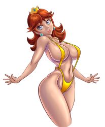 Rule 34 | 1girl, absurdres, assymptoad, blue eyes, breasts, brown hair, cleavage, curvy, highres, large breasts, legs, lipstick, looking at viewer, makeup, mario (series), navel, nintendo, parted lips, pink lips, princess daisy, short hair, sideboob, slingshot swimsuit, smile, solo, super mario land, swimsuit, thighs